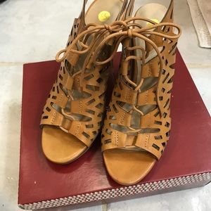 Brown Leather Peep Toe Heels